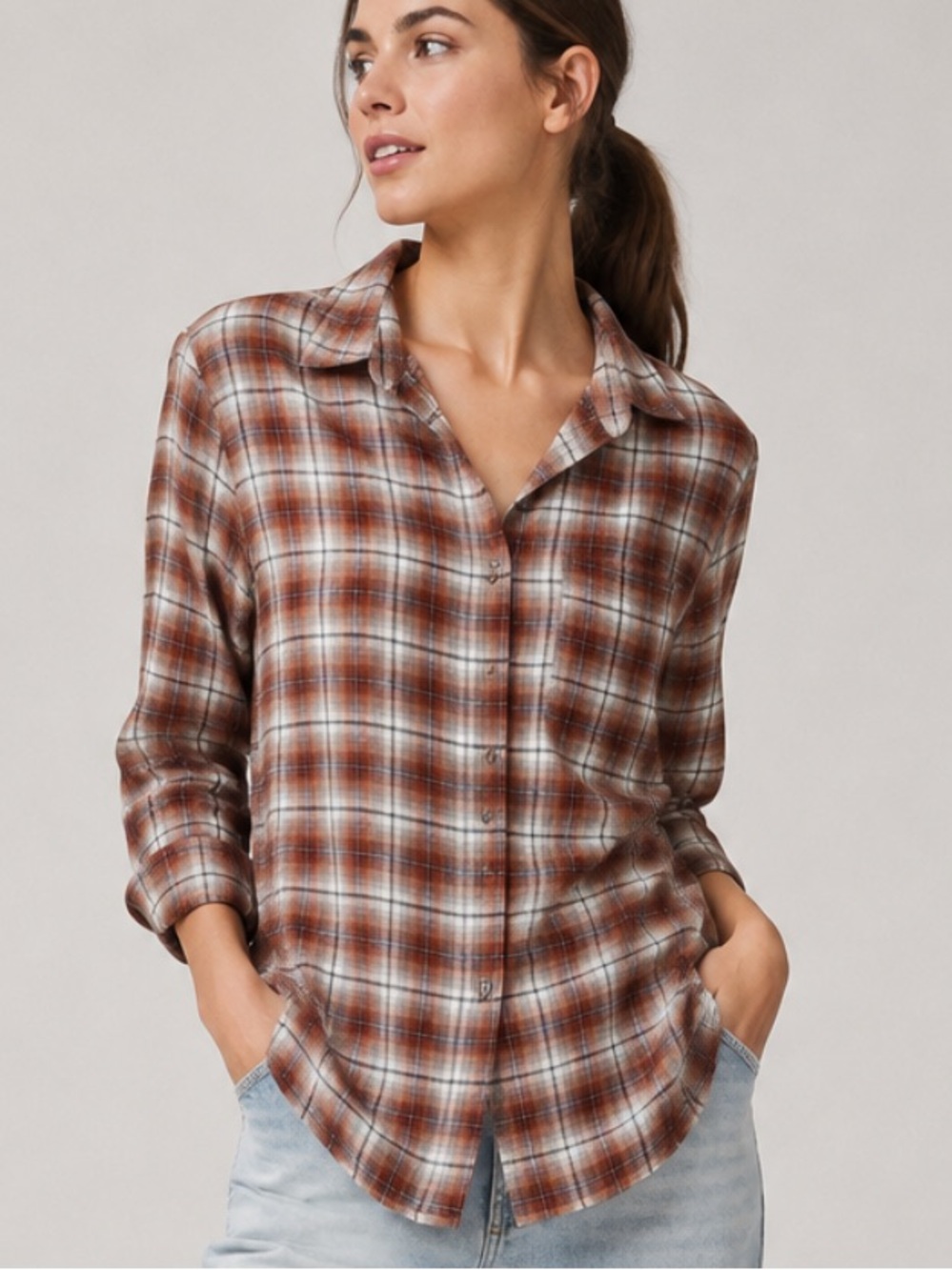 Beachlunchlounge Anthropologie Harvest Button Down Short in Plaid Rust Brown